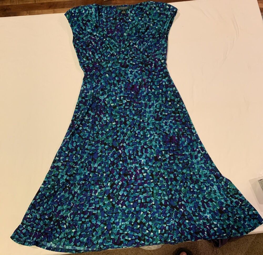Lauren Ralph Lauren Dress Fit & Flare Womens 2 Blue Multicolor Cap Sleeve V Neck